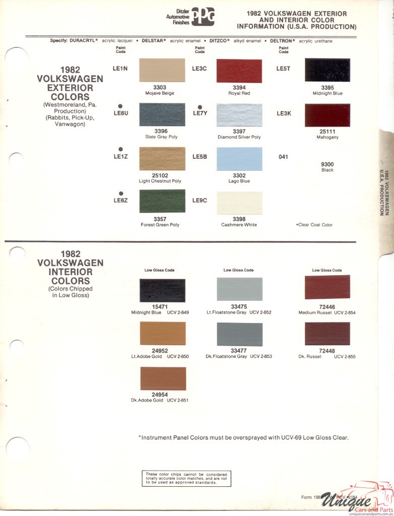 1982 Volkswagen Paint Charts PPG 1